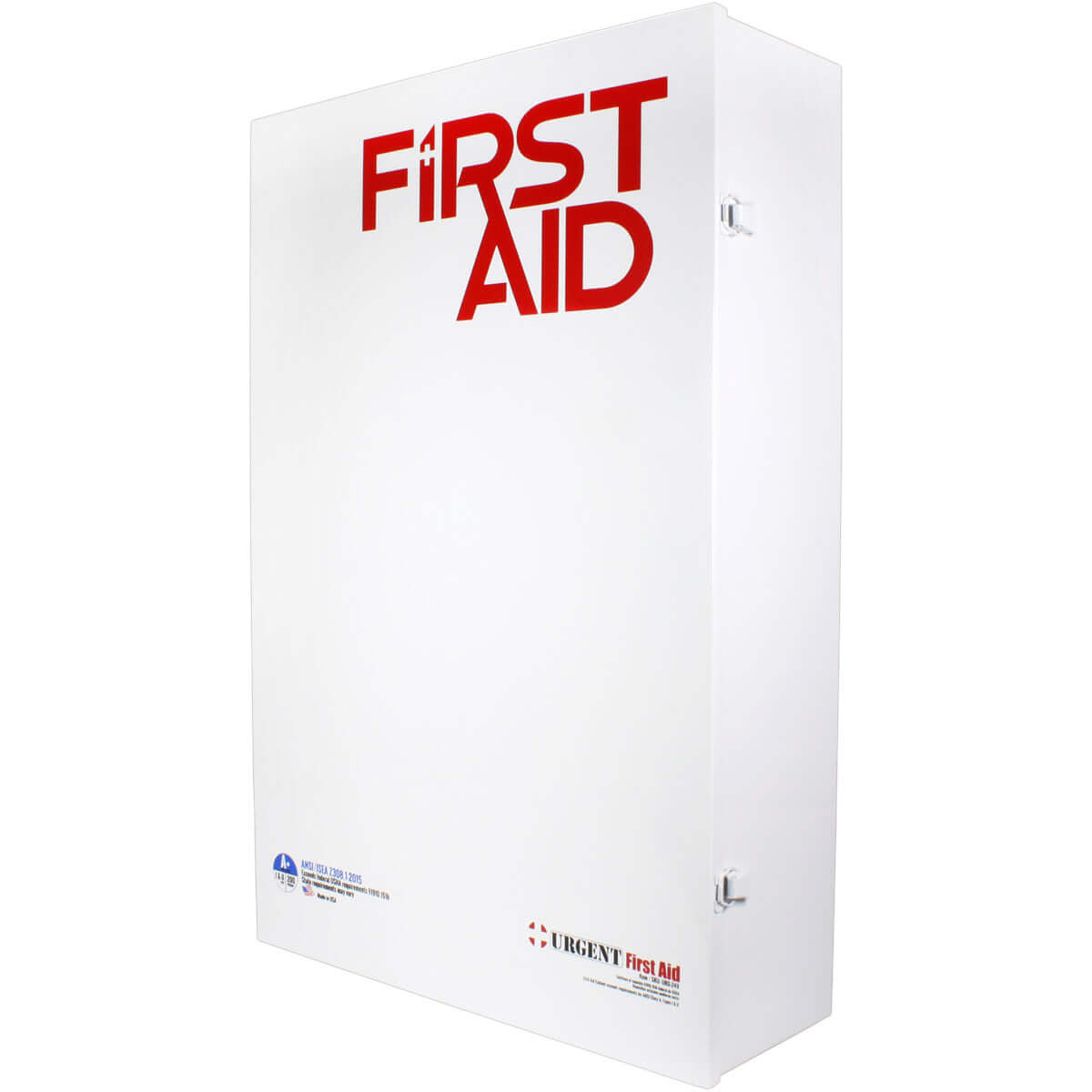 Side profile of white metal case of  ANSI A+ first aid cabinet with 5 shelves of first aid and medical supplies including medication. 