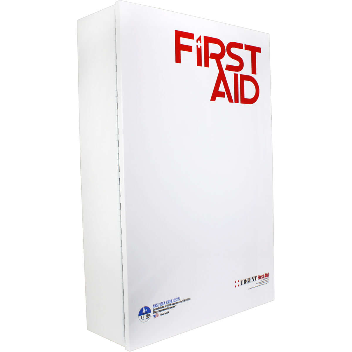 Side profile of metal white case first aid cabinet with 5 shelves of refillable medication and first aid supplies for industrial, commercial and professional use. 