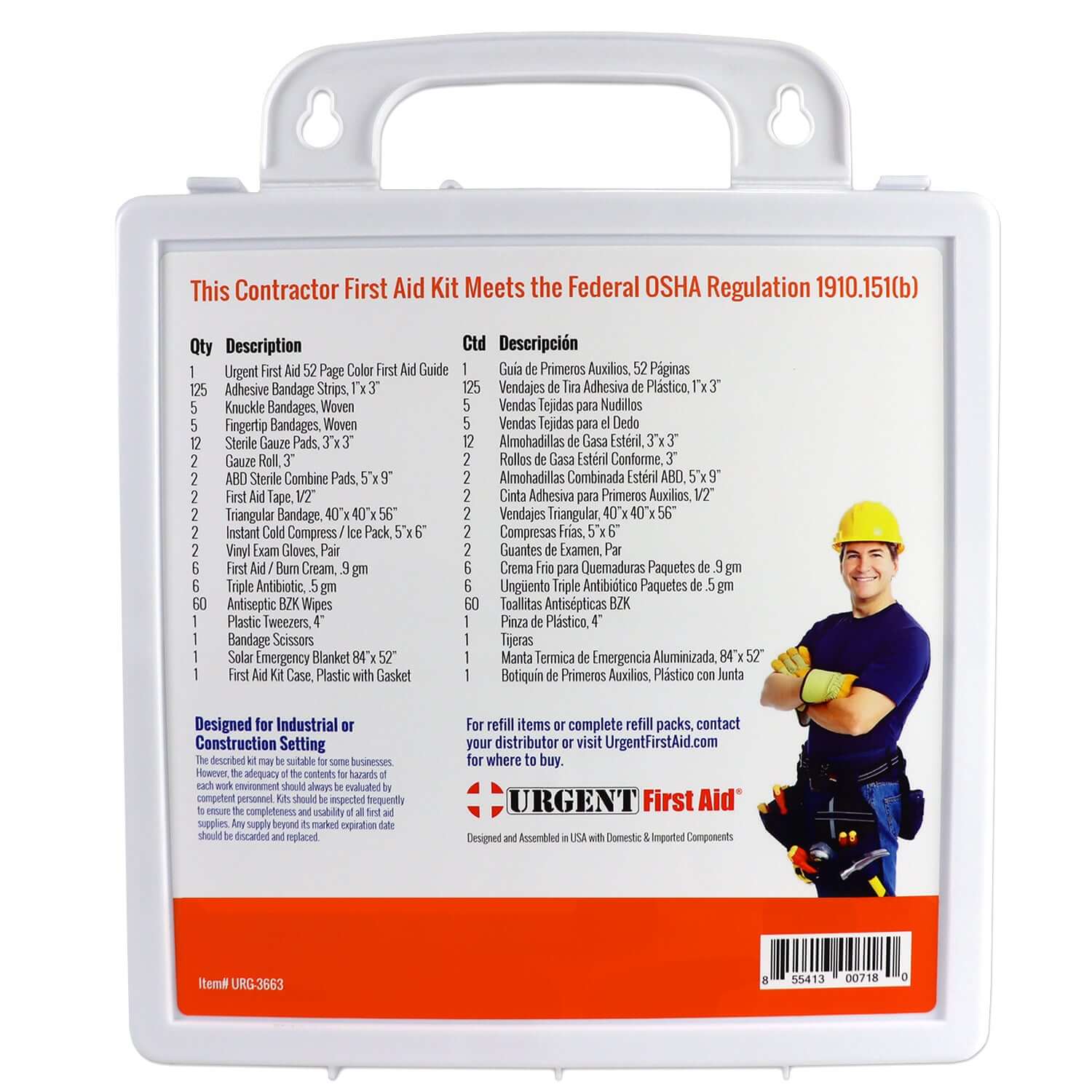 Bilingual OSHA Construction site First Aid Kit for Job Sites up to 50 People – Gasketed Plastic, 238 pieces, back view showing contents list.