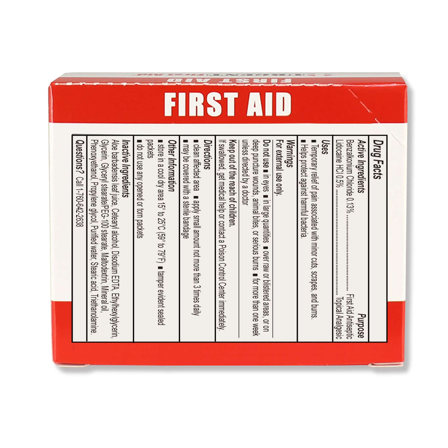First Aid Burn Cream .9gram, 25 Packets Per Box ingredients and usage instructions on the package.