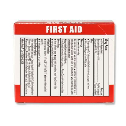 First Aid Burn Cream .9gram, 25 Packets Per Box ingredients and usage instructions on the package.