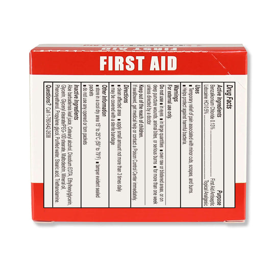 First Aid Burn Cream .9gram, 25 Packets Per Box ingredients and usage instructions on the package.