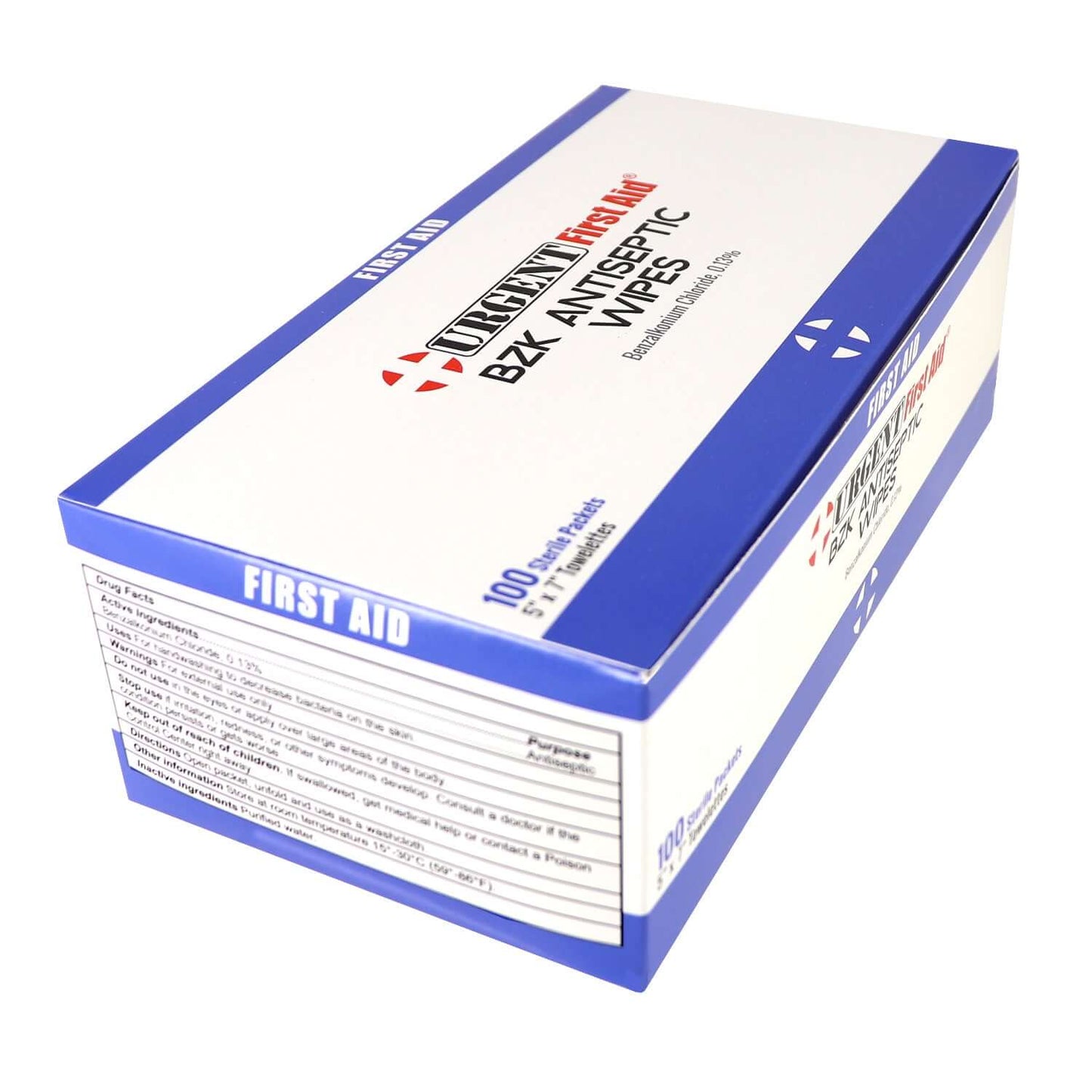 BZK Antiseptic Wipes, 100 Per Box packaging showing active ingredient and usage instructions on the label.