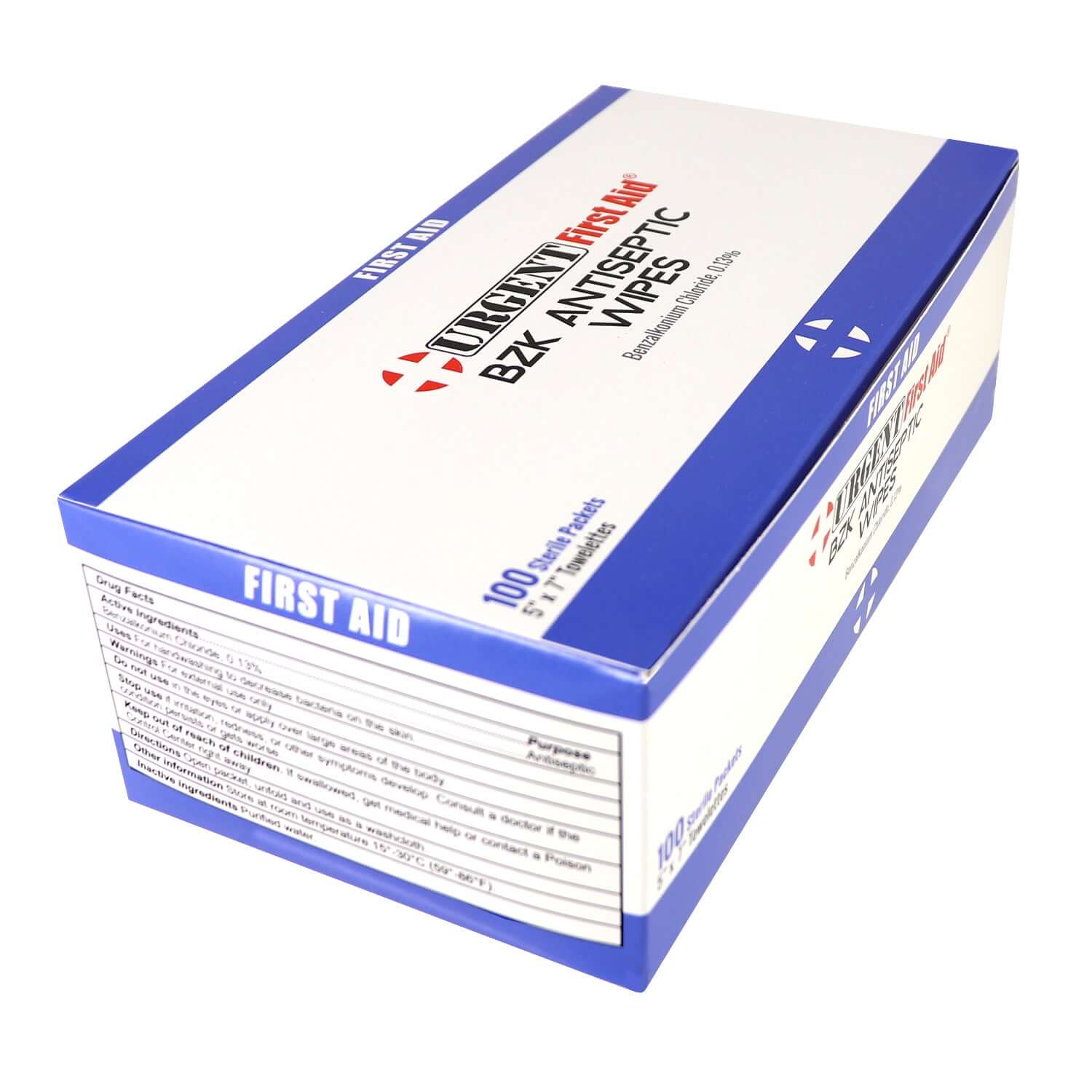 BZK Antiseptic Wipes, 100 Per Box packaging showing active ingredient and usage instructions on the label.