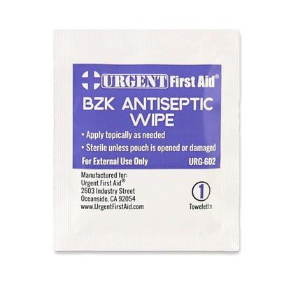 BZK Antiseptic Wipes, 100 Per Box - Urgent First Aid antiseptic wipe packet, sterile for external use.