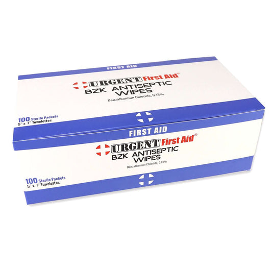 BZK Antiseptic Wipes, 100 Per Box, Benzalkonium Chloride antiseptic cleansing wipes packaging.