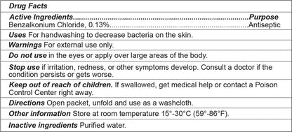 BZK Antiseptic Wipes, 100 Per Box drug facts including Benzalkonium Chloride, effective antiseptic cleansing.