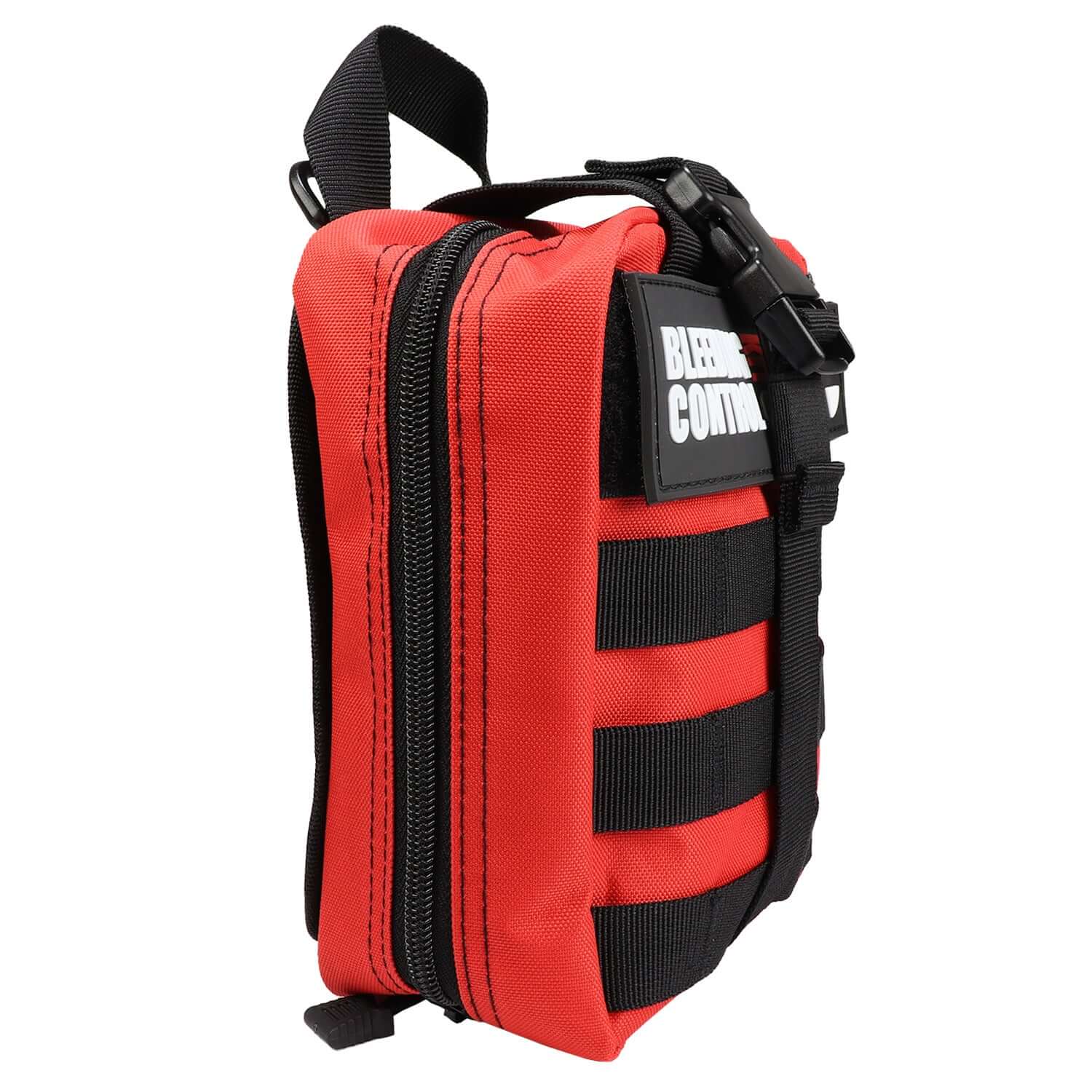 Bleeding Control Kit, Basic Individual, Red Molle Bag side view showing the durable design and strap.