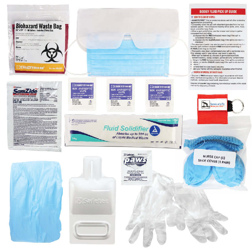 BBP / Bodily Fluid Protection Kit with Bonus 6 piece CPR kit for additional Rescuer Protection contents, including waste bag, gloves, and mask.