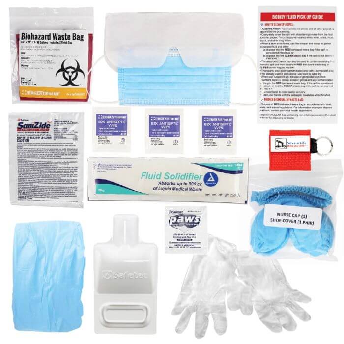 BBP / Bodily Fluid Protection Kit with Bonus 6 piece CPR kit for additional Rescuer Protection contents including gloves, masks, and waste bags.