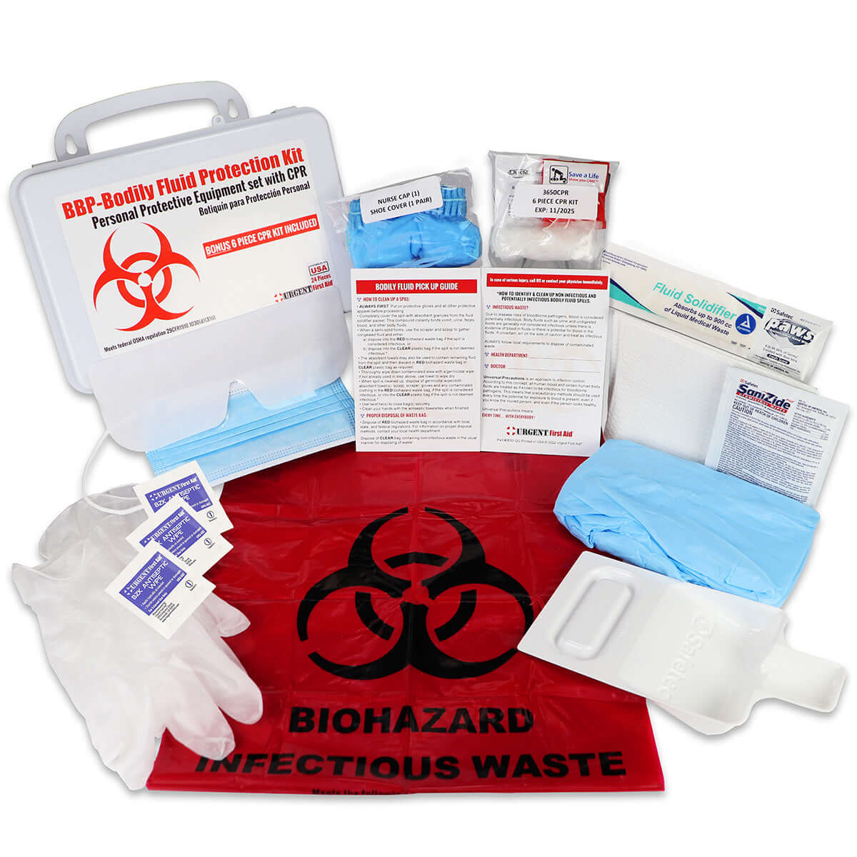 BBP / Bodily Fluid Protection Kit with Bonus 6 piece CPR kit for additional Rescuer Protection contents displayed on a table.
