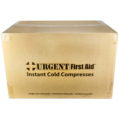 Urgent First Aid Instant Cold Compresses box packaging, 6" x 9", Case of 50, bulk first aid supplies.