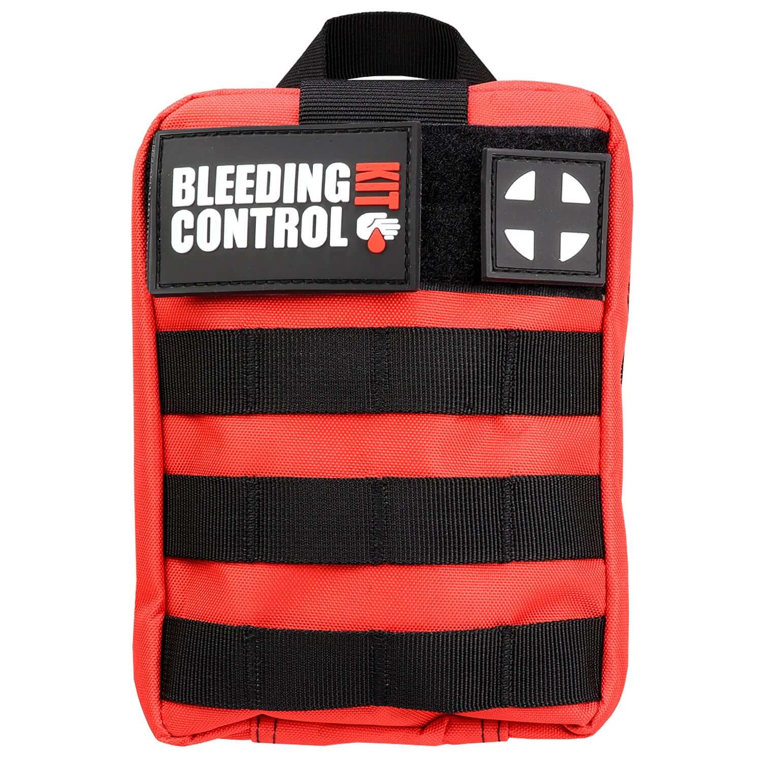 Bleeding Control Kit, Basic Individual, Red Molle Bag front view with patches and straps for emergency use.