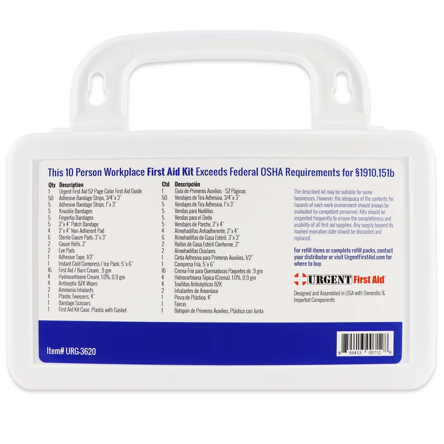 URG-3620 10 Person 116 Piece Bulk Workplace First Aid Kit, Wall-Mountable and Portable Plastic Case with Gasket - Botiquin de Primeros Auxilios 10 personas Urgent First Aid®