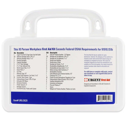 URG-3620 10 Person 116 Piece Bulk Workplace First Aid Kit, Wall-Mountable and Portable Plastic Case with Gasket - Botiquin de Primeros Auxilios 10 personas Urgent First Aid®
