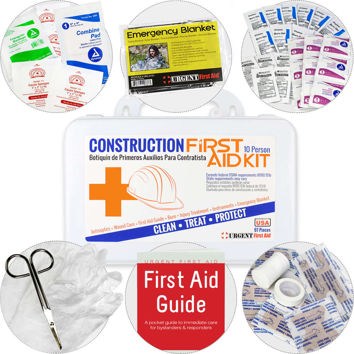 97 piece weatherproof construction and contractor first aid kit surrounded by first aid items