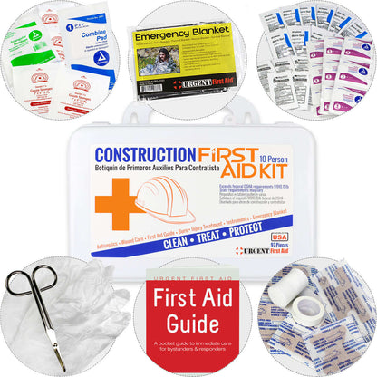 97 piece weatherproof construction and contractor first aid kit surrounded by first aid items