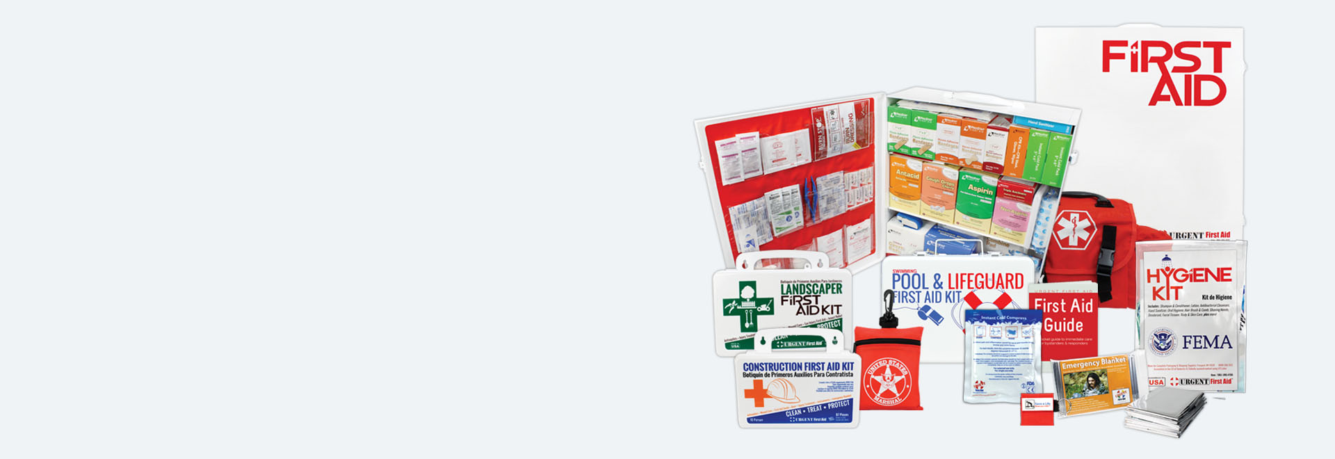 Collection of first aid supplies and instructional materials for health and safety preparedness.