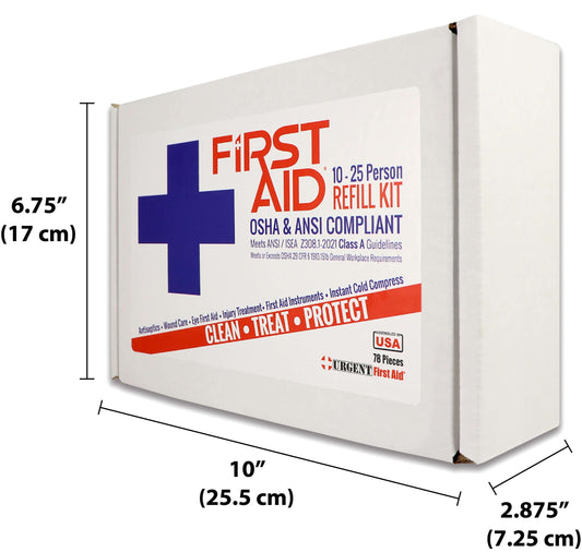 Bulk First Aid Kit Refill, 78 Pieces, ANSI A, 25 Person - Urgent First Aid kit packaging with dimensions.