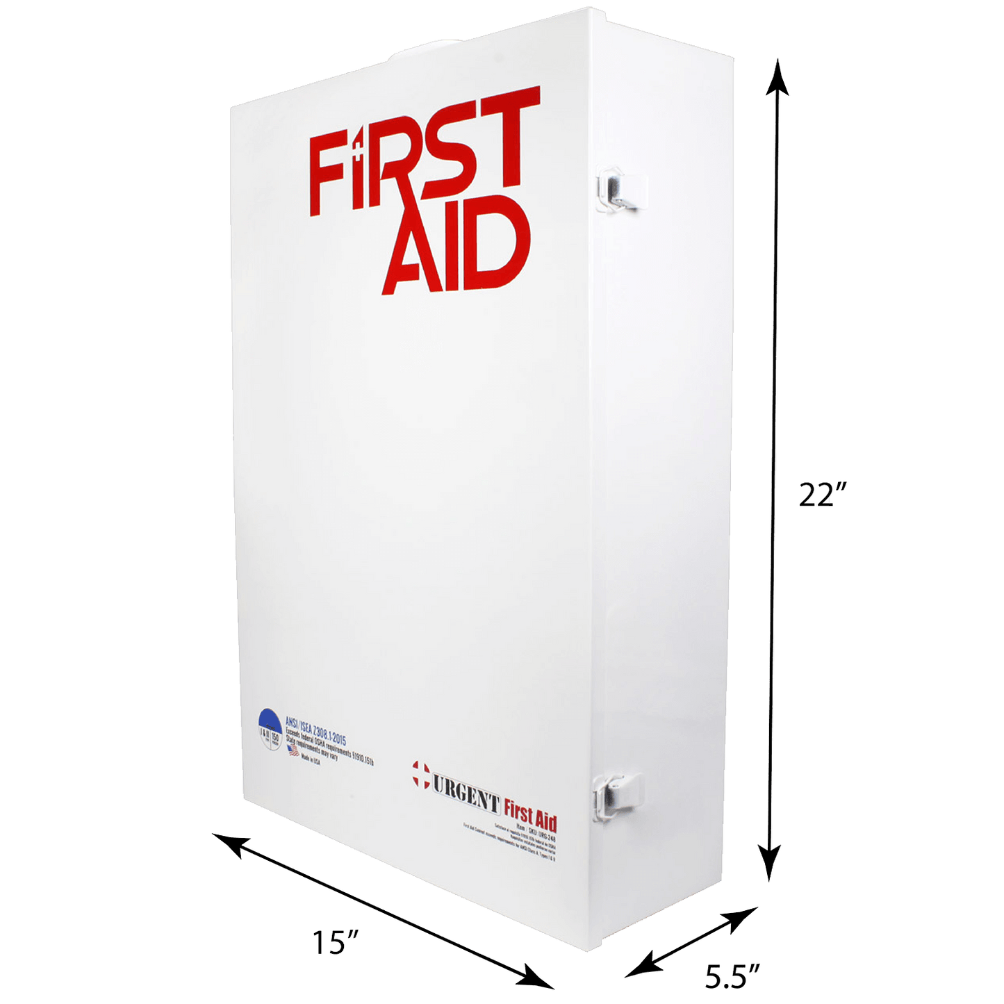 Measurements for ANSI A first aid box station metal case white with red first aid logo stainless steel 1st aid cabinet.