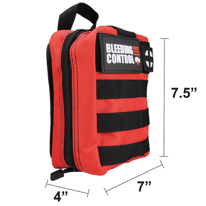 Bleeding Control Kit, Basic Individual, Red Molle Bag measuring 7.5 inches tall and 4 inches wide, designed for emergency use.