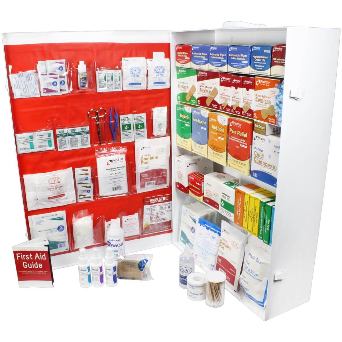 URG-249L 5 Shelf Industrial ANSI A+ First Aid Cabinet for school, offices, warehouses, construction site  extra large comprehensive first aid kit with door open. 