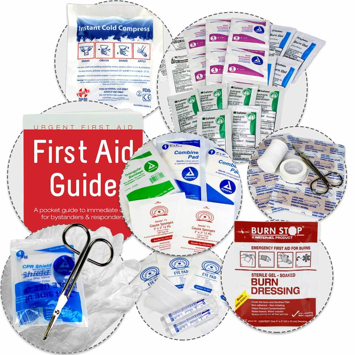 First aid items inside the ANSI A first aid cabinet by Urgent First Aid including first aid guide book, bandages, topicals and medication 