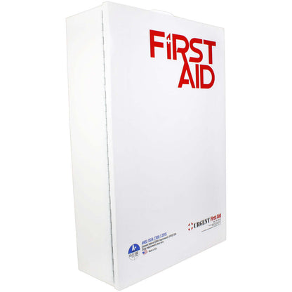 Side profile 4 Shelf Industrial ANSI A+ First Aid Station with Door Pockets Urgent First Aid white metal case