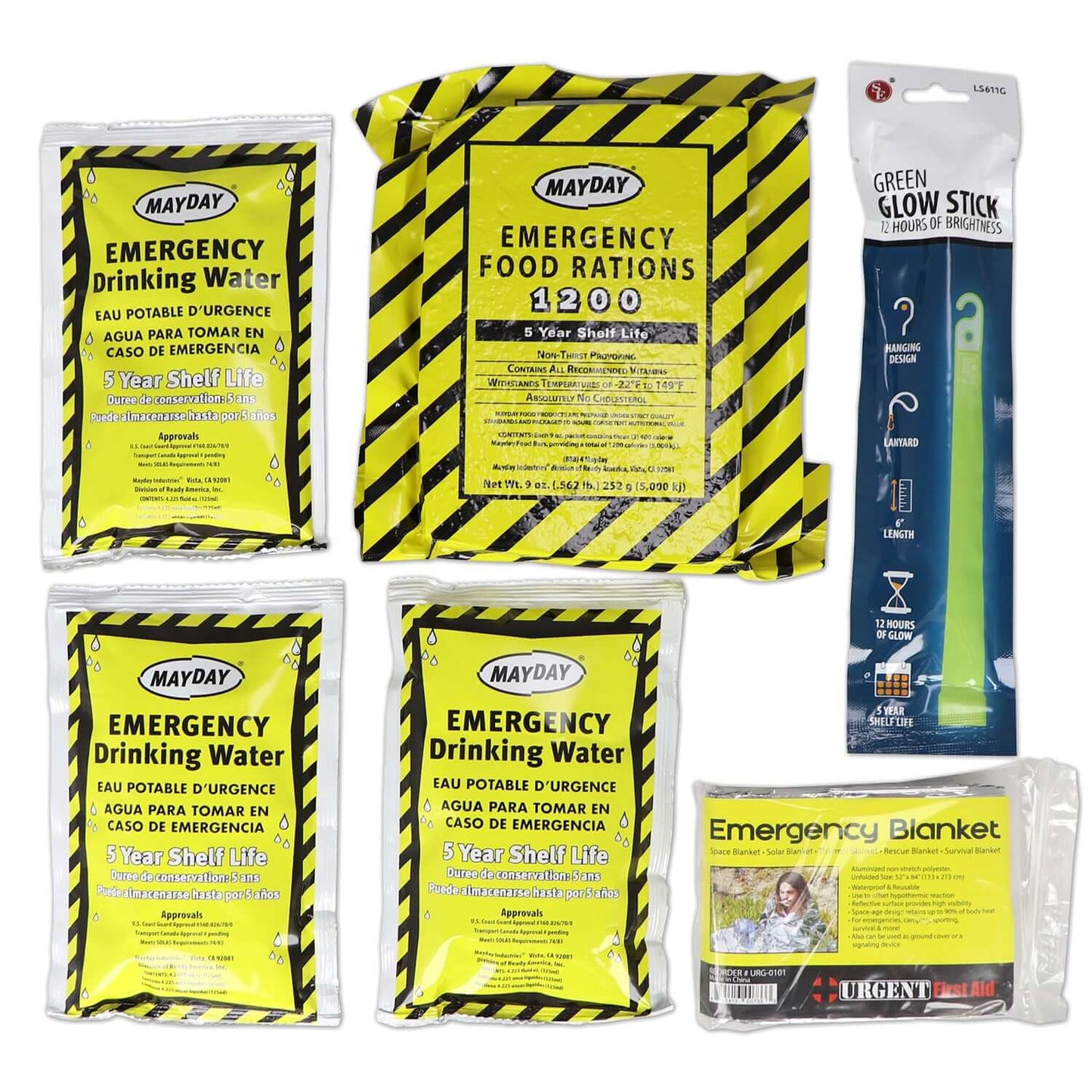 1-Day Emergency Survival Kit in Baggie with food rations, drinking water, glow stick, and emergency blanket.