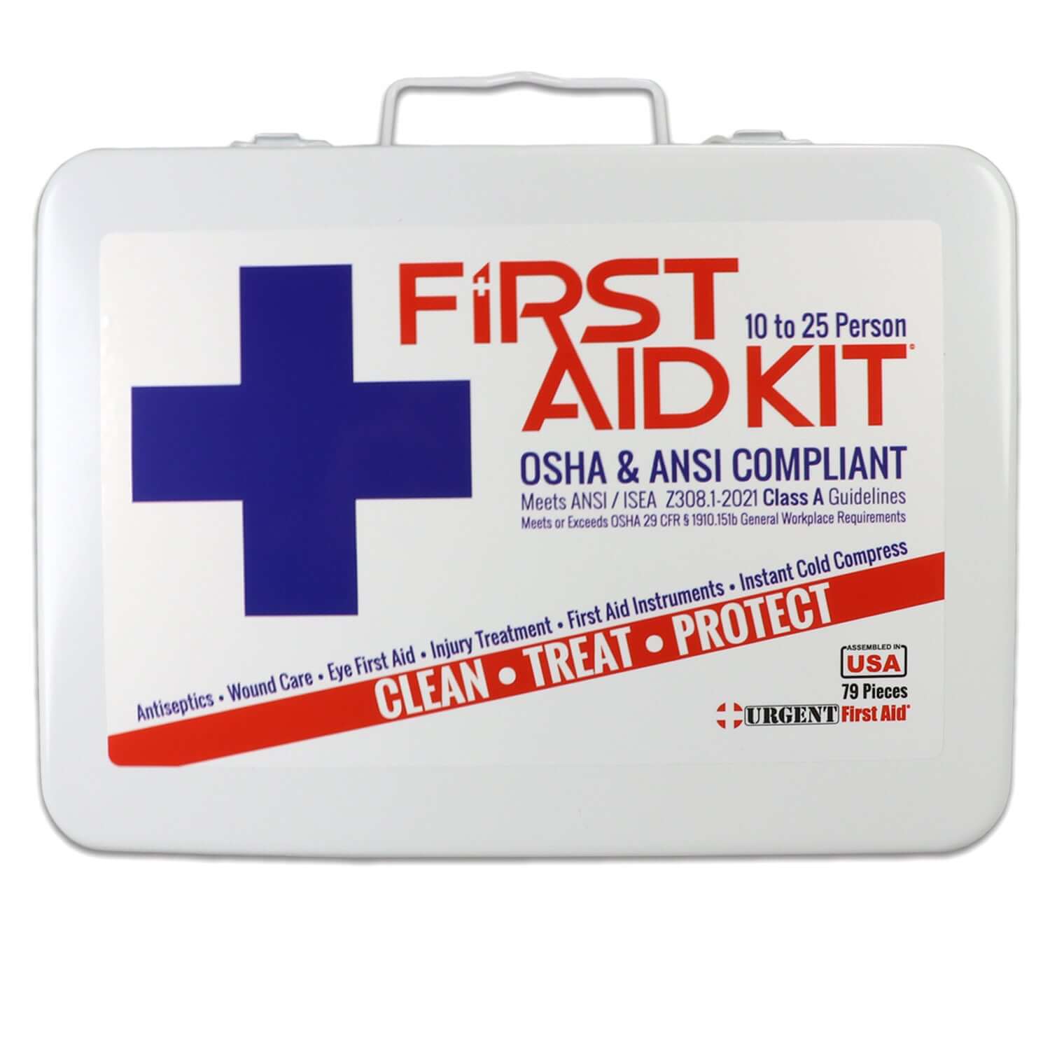 Bulk First Aid Kit, Metal, 79 Pieces, ANSI A, 25 Person in a portable steel case with a red cross design.
