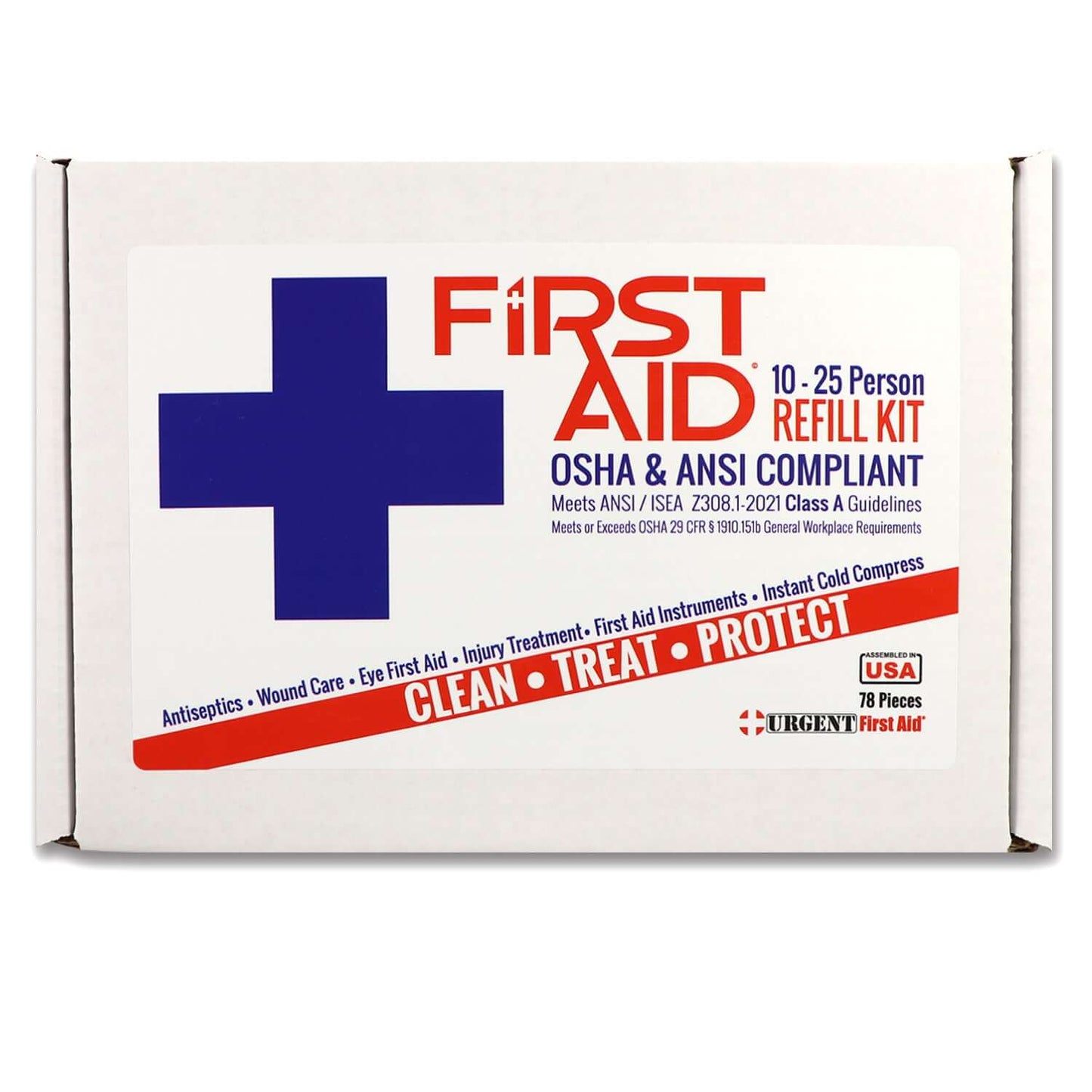 Bulk First Aid Kit Refill, 78 Pieces, ANSI A, 25 Person - Urgent First Aid refill kit for workplace injuries.