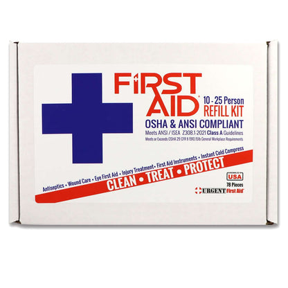 Bulk First Aid Kit Refill, 78 Pieces, ANSI A, 25 Person - Urgent First Aid refill kit for workplace injuries.