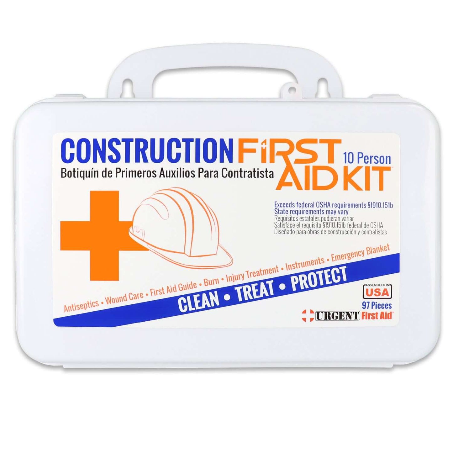 Front label of weatherproof durable construction site first aid kit for 10 people