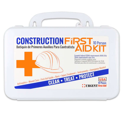 Front label of weatherproof durable construction site first aid kit for 10 people