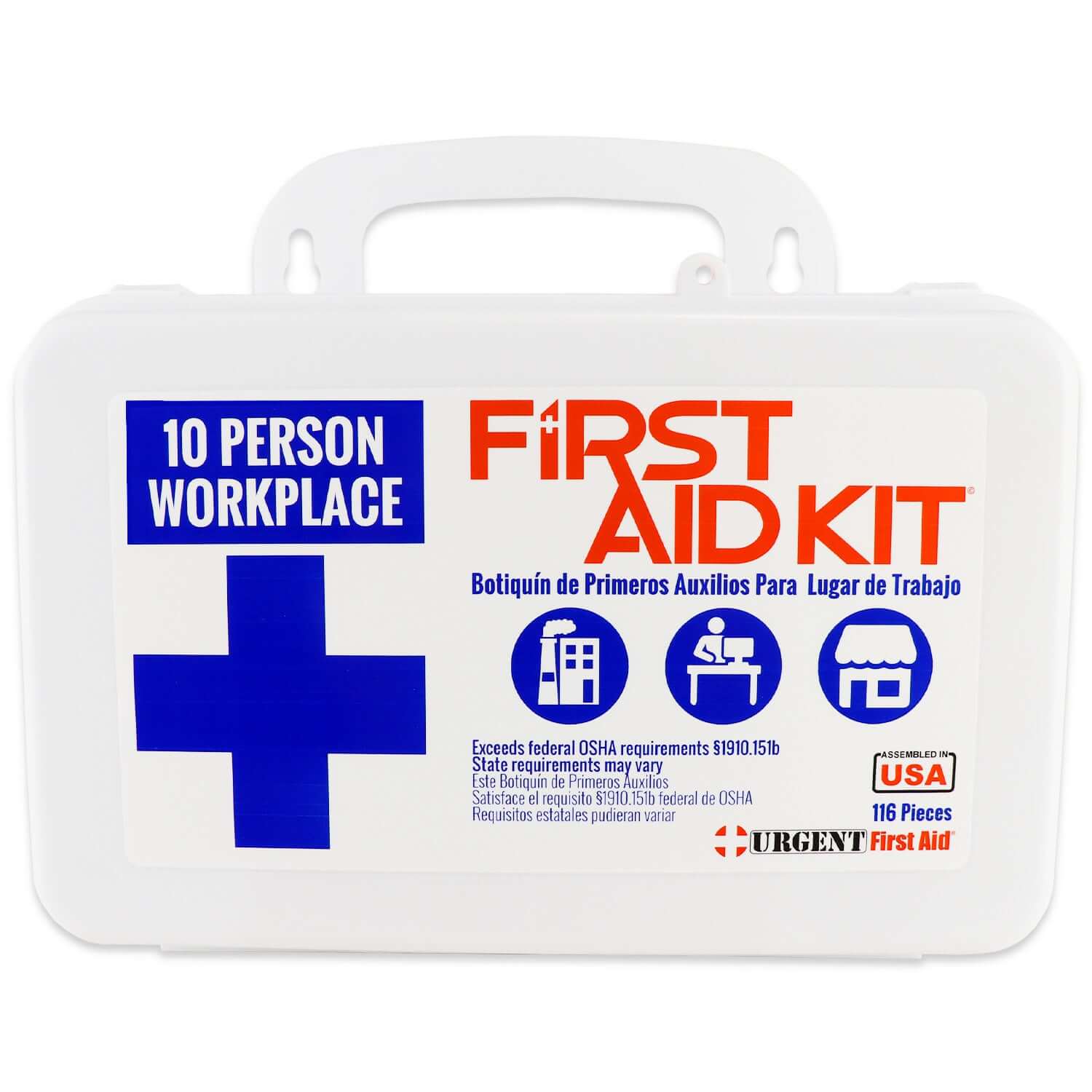 URG-3620 10 Person 116 Piece Bulk Workplace First Aid Kit, Wall-Mountable and Portable Plastic Case with Gasket - Botiquin de Primeros Auxilios 10 personas Urgent First Aid®