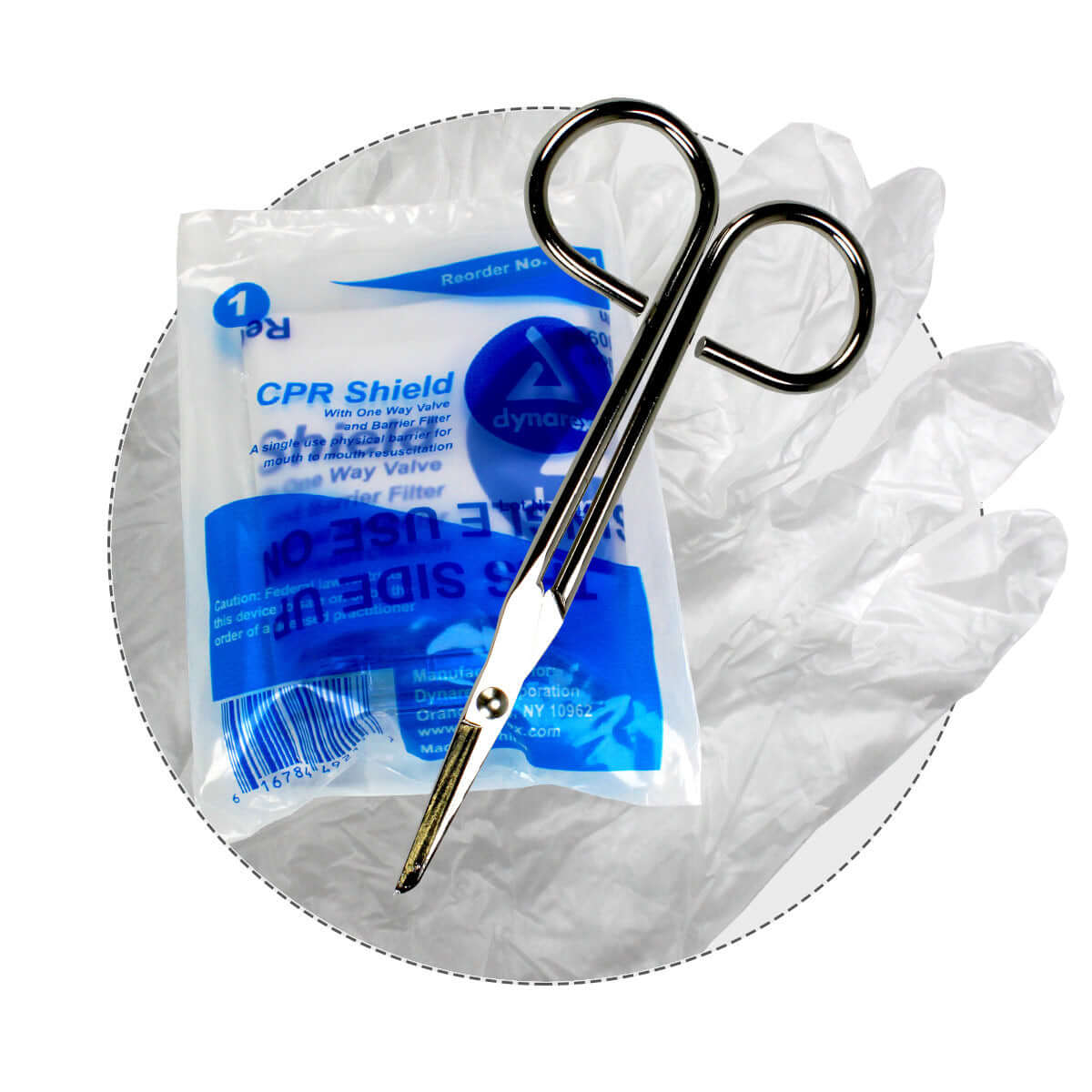Metal-first-aid-scissors-and-vinyl-gloves 5 Shelf Industrial ANSI B+ First Aid Station with Door Pockets Urgent First Aid®