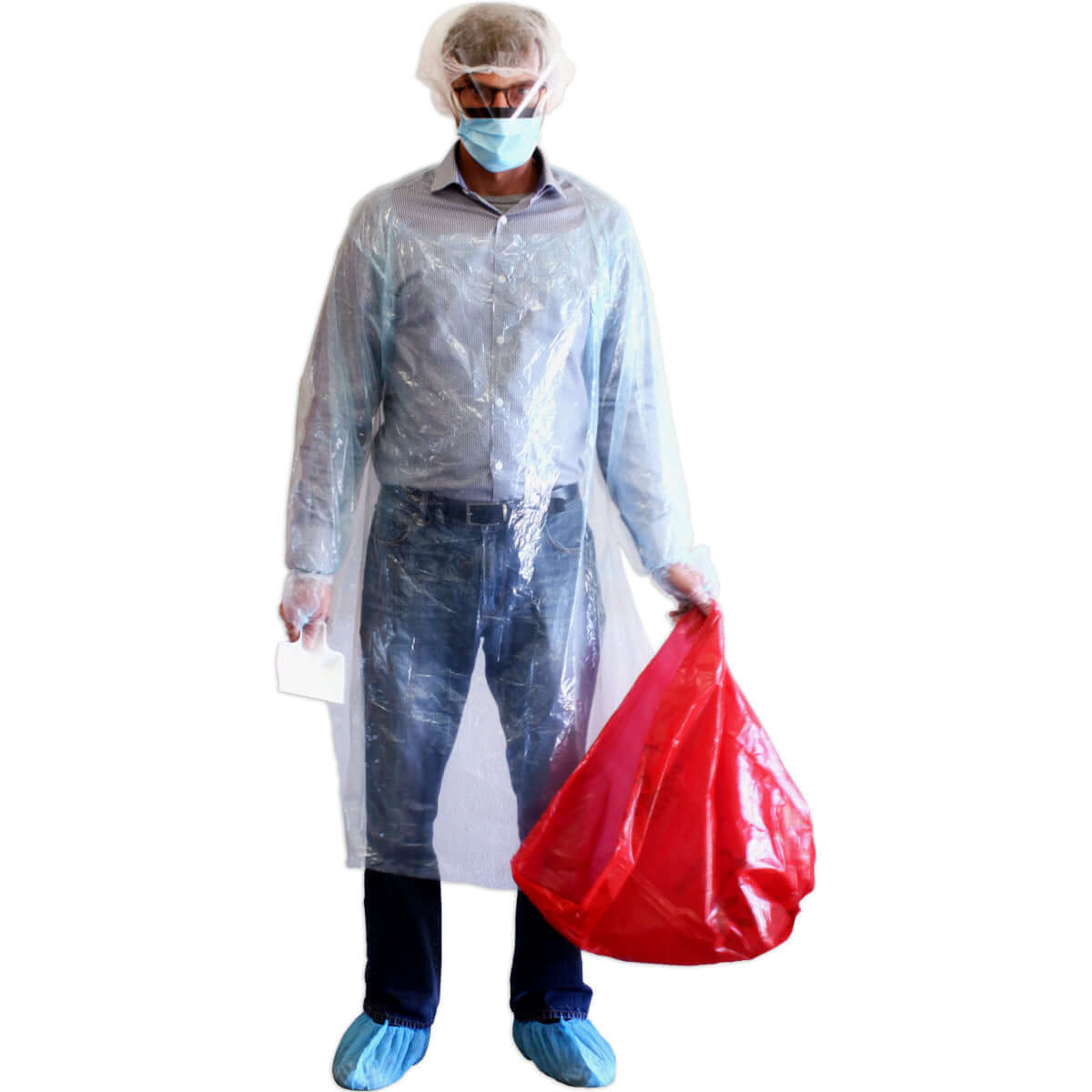 Person wearing protective gear with a red bag, demonstrating safety measures for BBP / Bodily Fluid Protection Kit with Bonus 6 piece CPR kit for additional Rescuer Protection.