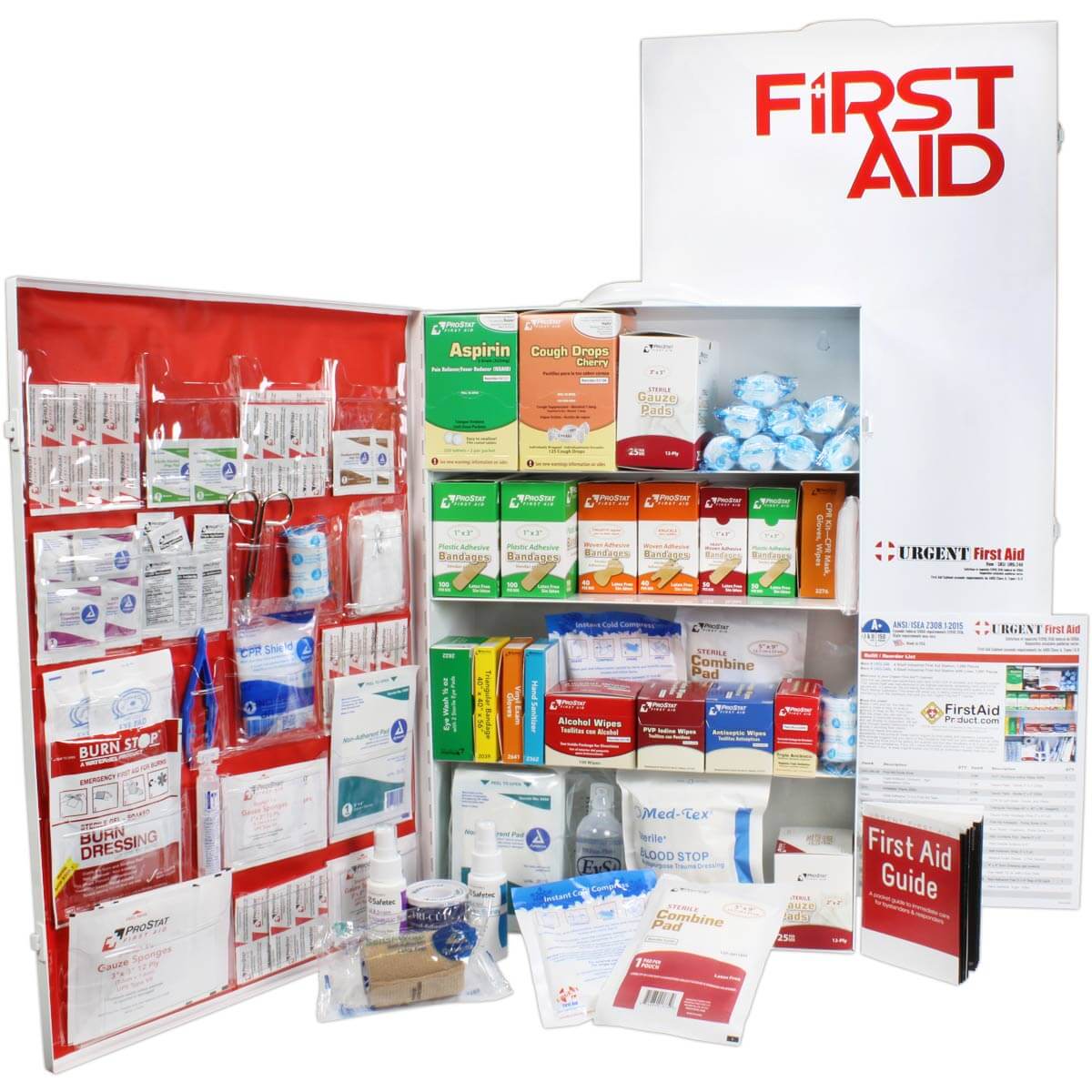 first aid cabinet station with 4 shelves door open showing first aid station medications and first aid components