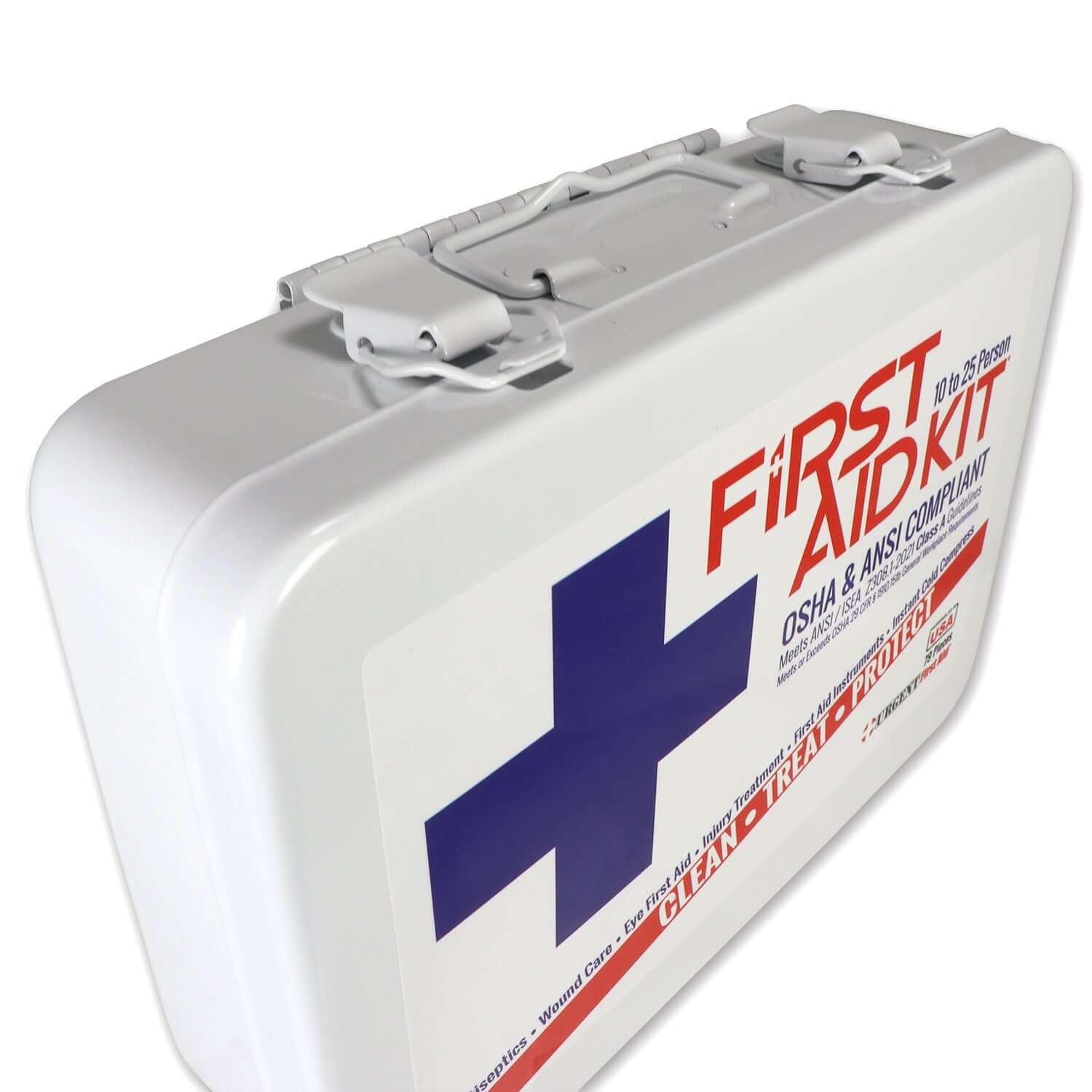 Bulk First Aid Kit, Metal, 79 Pieces, ANSI A, 25 Person in a portable white case.