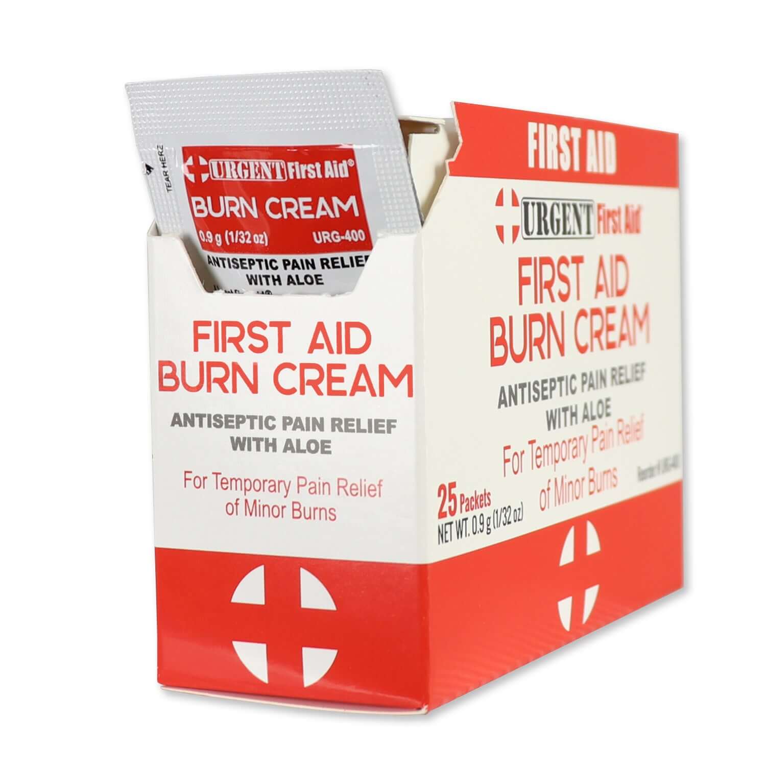 First Aid Burn Cream .9gram, 25 Packets Per Box with aloe for antiseptic pain relief.