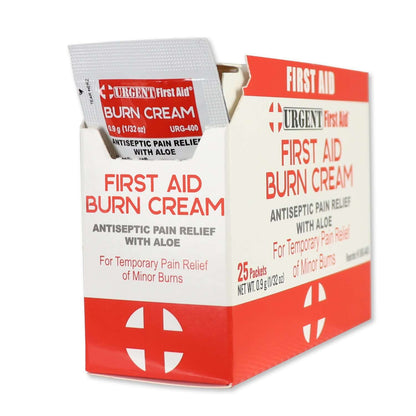 First Aid Burn Cream .9gram, 25 Packets Per Box with aloe for antiseptic pain relief.
