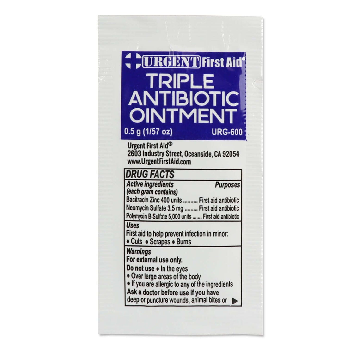 Triple Antibiotic Ointment, 0.5gm, 25 Packets Per Box single-use packaging with active ingredients and usage instructions.