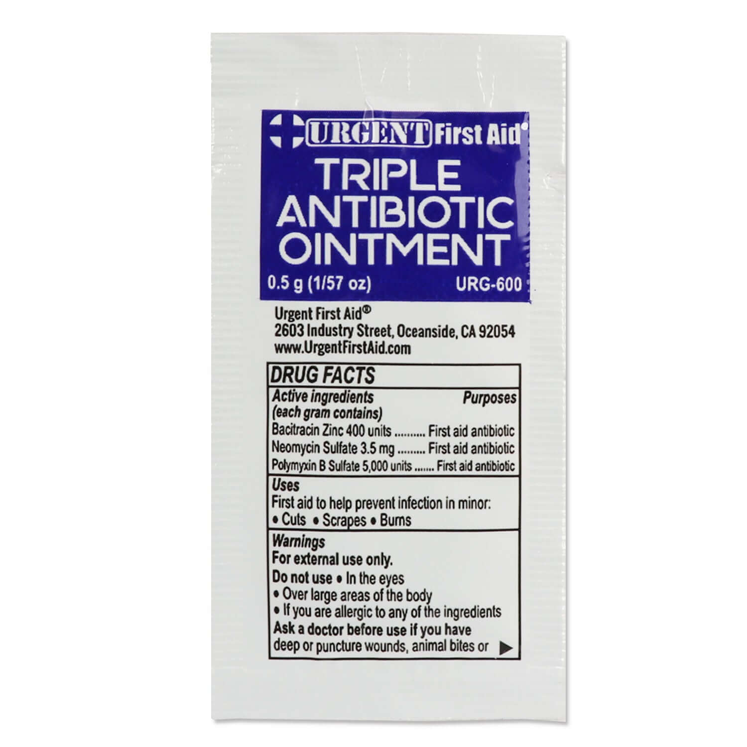 Triple Antibiotic Ointment, 0.5gm, 25 Packets Per Box single-use packaging with active ingredients and usage instructions.