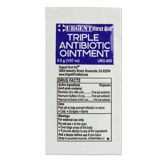 Triple Antibiotic Ointment, 0.5gm, 25 Packets Per Box single-use packaging with active ingredients and usage instructions.