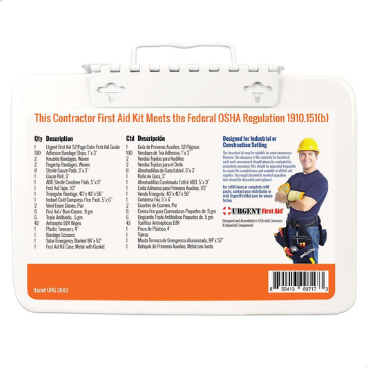 Bilingual OSHA Contractors First Aid Kit for Job Sites up to 25 People – Gasketed Metal, 180 pieces back view with item descriptions.