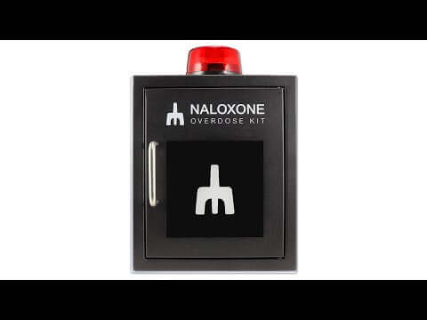 Naloxone Overdose Cabinet, Alarm and Strobe Light, Black, Metal for emergency use in public spaces.