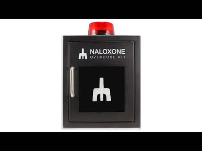 Naloxone Overdose Cabinet, Alarm and Strobe Light, Black, Metal for emergency use in public spaces.