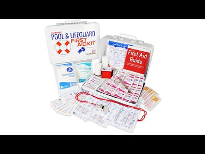 Swimming Pool and Lifeguard First Aid Kit - Metal with contents displayed, including guides and medical supplies.