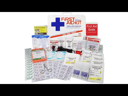 Bulk First Aid Kit, Metal, 209 Pieces, ANSI B, 50 Person displayed with contents in a portable steel case.