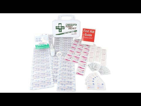 Landscaper's First Aid Kit 103 Piece, Plastic Case containing various first aid supplies and a guide for emergencies.